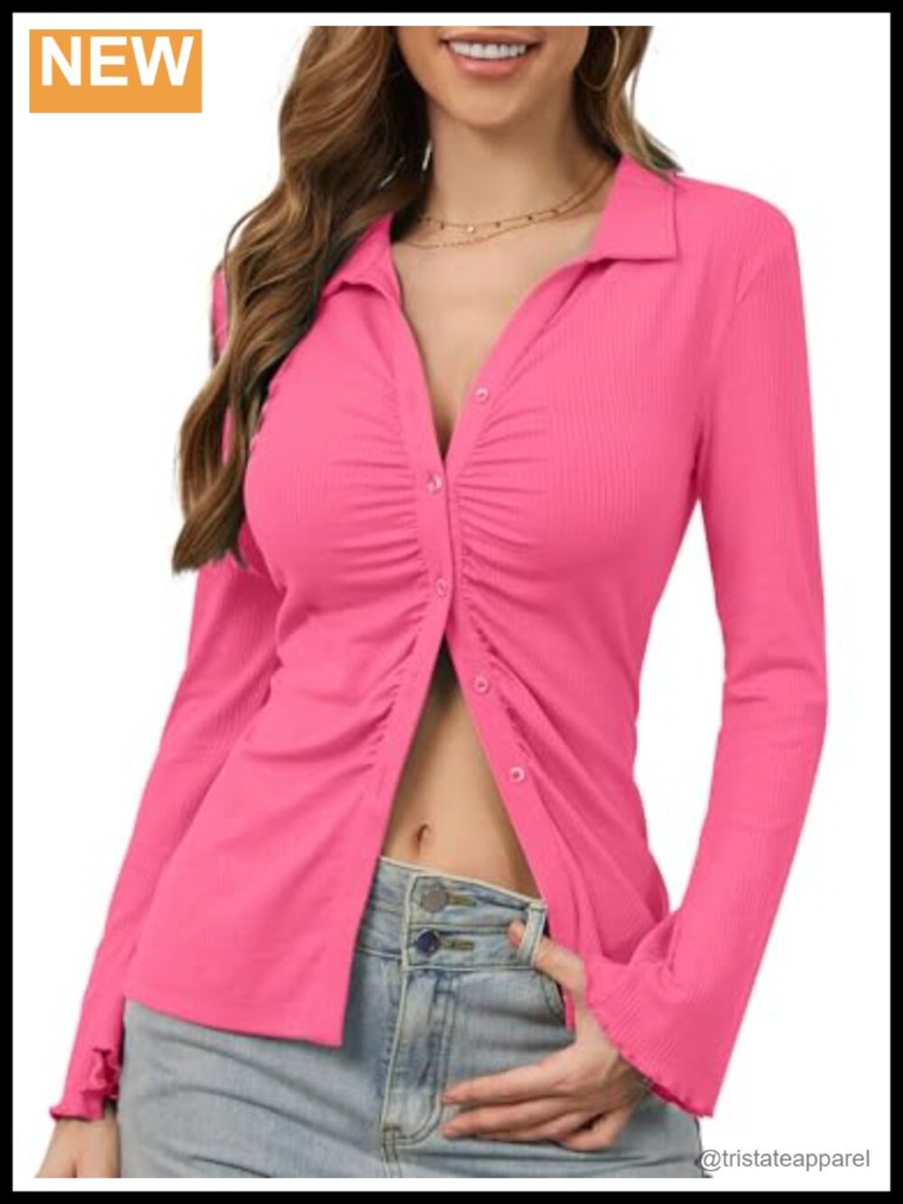 Women's Bell Sleeve Button Down Ribbed Shirt Slim Fit Long Sleeve Blouse